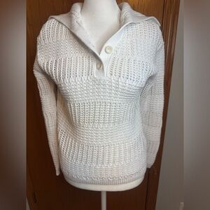 Talbots White Crochet Textured Quarter Button Up Sweater, Long Sleeve
